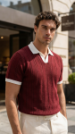 Erkek Örgü Desen Yakalı Kısa Kollu Triko Tişört – %100 Pamuk Akrilik