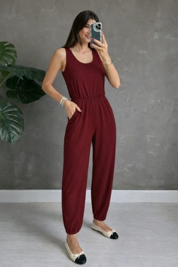 Kadın Askılı Yuvarlak Yakalı Cepli Viskon Tulum