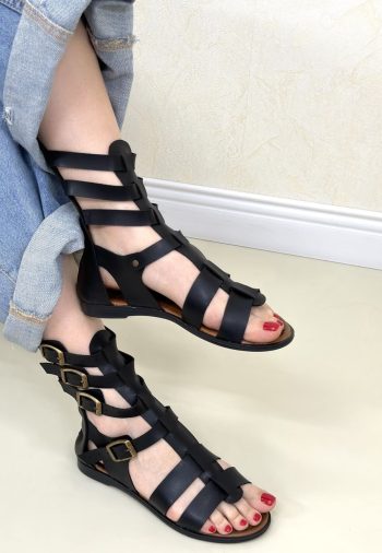 Nola Siyah Deri Kemerli Sandalet