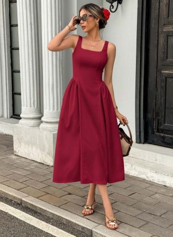 Kadın Askılı Kare Yakalı Uzun Ithal Krep Elbise