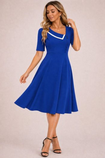 Kadın Kısa Kollu Asimetrik Yaka Detaylı Midi Janjan Krep Elbise