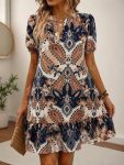 Kadın Kısa Kollu V Yakalı Desenli Kısa Süprem Elbise