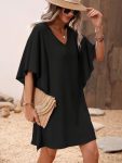 Kadın Kısa Kollu V Yakalı Yanları Volanlı Kısa Ithal Krep Elbise