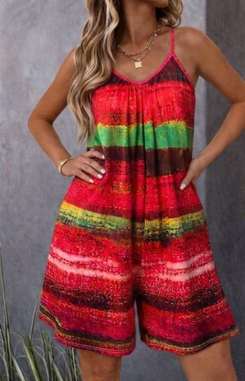 Kadın Ip Askılı Yuvarlak Yakalı Cepli Desenli Kısa Süprem Tulum