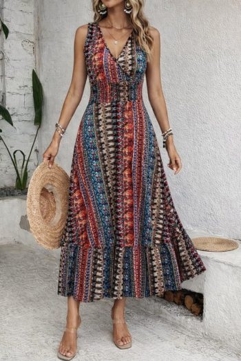 Kadın Beli Gipeli Etnik Desen Sıfır Kol Süprem Elbise