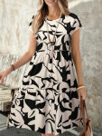 Kadın Kısa Kollu Bisiklet Yaka Desenli Fırfırlı Süprem Elbise