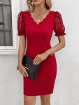 Kadın Kısa Kollu Dantelli V Yakalı Yanlardan Büzgülü çapraz Detaylı Ithal Krep Elbise