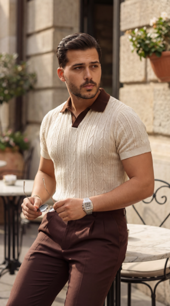 Erkek Desenli Kısa Kollu Triko Tişört - %100 Pamuk Akrilik