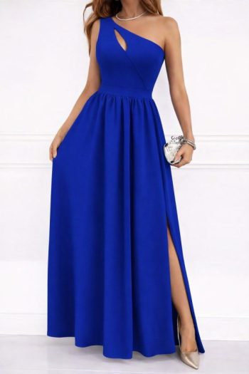 Kadın Omuzlardan Açık Asimetrik Yaka Detaylı Yırtmaçlı Maksi Boy Janjan Krep Elbise