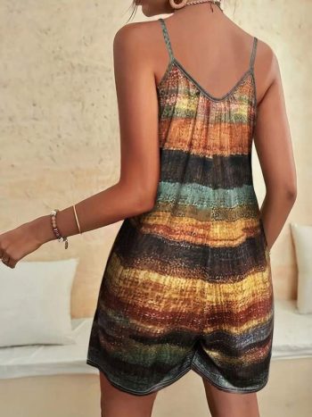 Kadın Ip Askılı Yuvarlak Yakalı Cepli Desenli Kısa Süprem Tulum