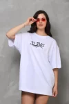 Unisex Bisiklet Yaka Baskılı Oversize T-Shirt – Beyaz