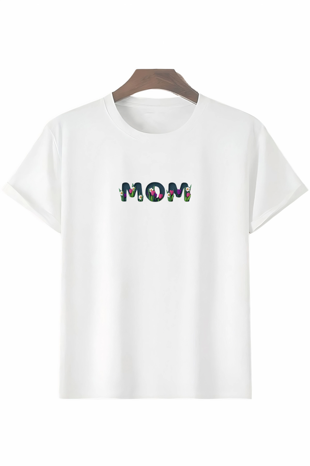 Anneler Gününe Özel Tasarım Mom Çiçek Baskılı T-shirt - Beyaz Anneler Gününe Özel Tasarım Mom Çiçek Baskılı T-shirt - Beyaz