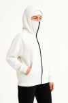 Samuray Ninja Çift Kapşonlu ZIP Fermuarlı Kanguru Çepli Hoodie Maske Detaylı Swetshirt – Beyaz