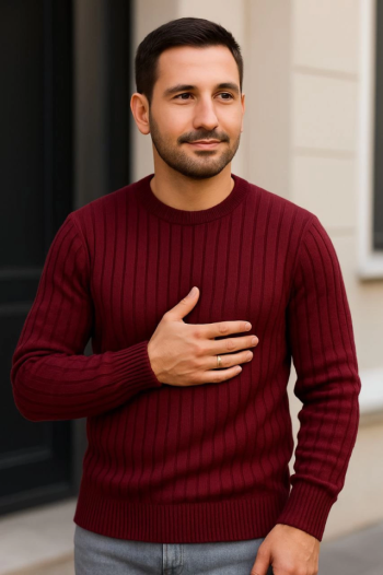 Erkek Fitilli Triko Kazak 3lü Set Beyaz Bordo Siyah Regular Fit Bisiklet Yaka Triko Seti