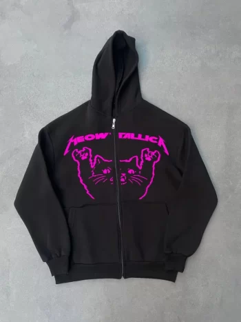 Kışlık Baskılı Fermuarlı Kapüşonlu Hırka - Siyah