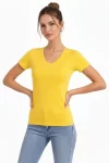 T-Shirt V Yaka Slim Fit Likralı Tişört Günlük Basic Body – Sarı