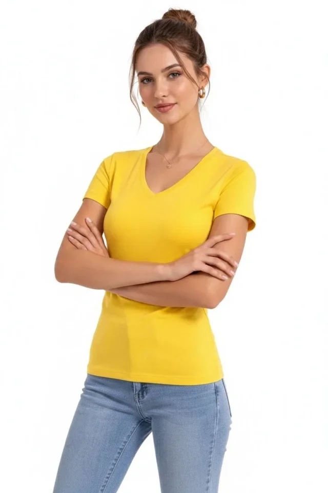 T-Shirt V Yaka Slim Fit Likralı Tişört Günlük Basic Body - Sarı T-Shirt V Yaka Slim Fit Likralı Tişört Günlük Basic Body - Sarı