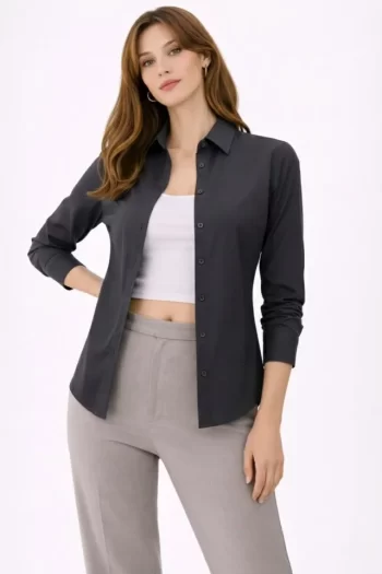 Uzun Kollu Gömlek Düğmeli Klasik Yaka Günlük Ve Ofis Şıklığına Uygun - Füme