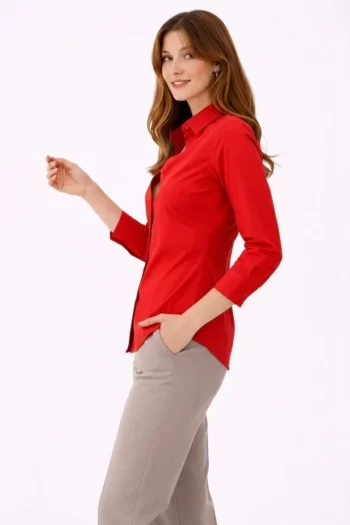 Uzun Kollu Gömlek Düğmeli Klasik Yaka Günlük Ve Ofis Şıklığına Uygun - Kırmızı