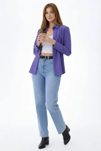 Uzun Kollu Gömlek Düğmeli Klasik Yaka Günlük Ve Ofis Şıklığına Uygun - Mor