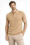 Erkek Düğmeli Yaka Triko Dokuma Tişört Desenli Yazlık Şık Günlük Triko Tişört – Kahverengi