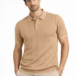 Erkek Düğmeli Yaka Triko Dokuma Tişört Desenli Yazlık Şık Günlük Triko Tişört – Kahverengi