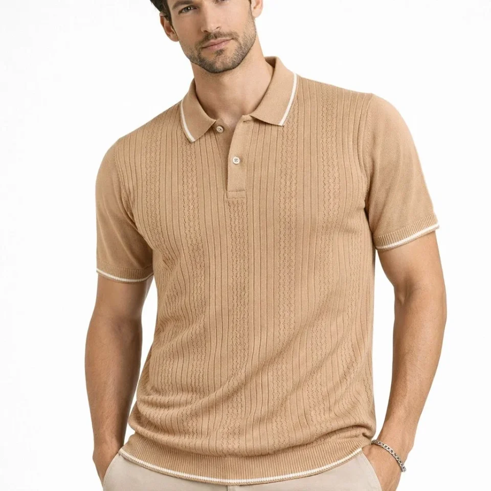 Erkek Düğmeli Yaka Triko Dokuma Tişört Desenli Yazlık Şık Günlük Triko Tişört - Kahverengi Erkek Düğmeli Yaka Triko Dokuma Tişört Desenli Yazlık Şık Günlük Triko Tişört - Kahverengi