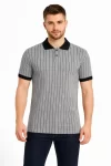 Erkek Polo Yaka Çizgili Tişört Kısa Kol Düğmeli Yazlık T-Shirt – Gri