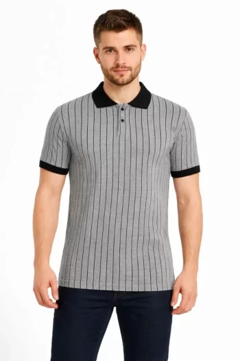 Erkek Polo Yaka Çizgili Tişört Kısa Kol Düğmeli Yazlık T-Shirt - Gri