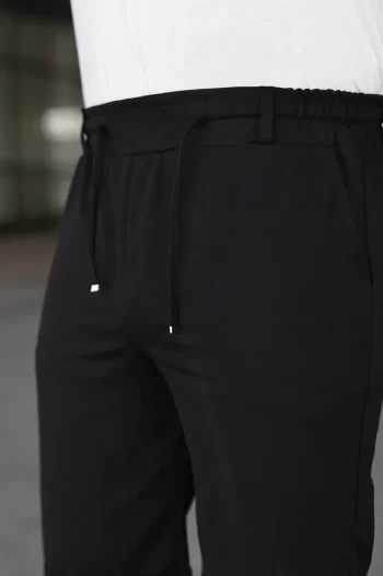 Erkek Diagonel Kumaş Duble Paça Cepli Bağcıklı Bel Lastikli ŞORT - Siyah