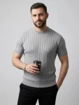 Erkek Yazlık Triko Dokuma Tişört Kısa Kol Bisiklet Yaka Örgü Desenli T-Shirt – Gri