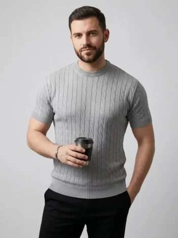 Erkek Yazlık Triko Dokuma Tişört Kısa Kol Bisiklet Yaka Örgü Desenli T-Shirt - Gri