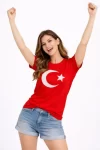 T-Shirt Kısa Kol Bisiklet Yaka Ay Yıldız Bayrak Baskılı Tişört – Kırmızı