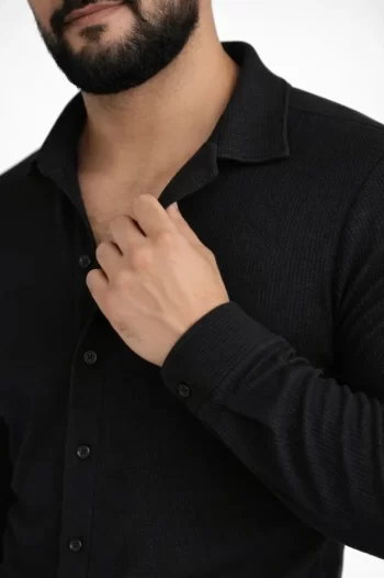 Erkek Waffle Kumaş Uzun Kollu Düğmeli Açık Yaka Regular Fit Gömlek - Siyah