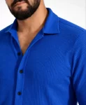 Erkek Waffle Kumaş Uzun Kollu Düğmeli Açık Yaka Regular Fit Gömlek – Saks Mavisi