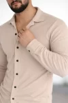 Erkek Waffle Kumaş Uzun Kollu Düğmeli Açık Yaka Regular Fit Gömlek – Bej