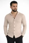 Erkek Waffle Kumaş Uzun Kollu Düğmeli Açık Yaka Regular Fit Gömlek – Bej