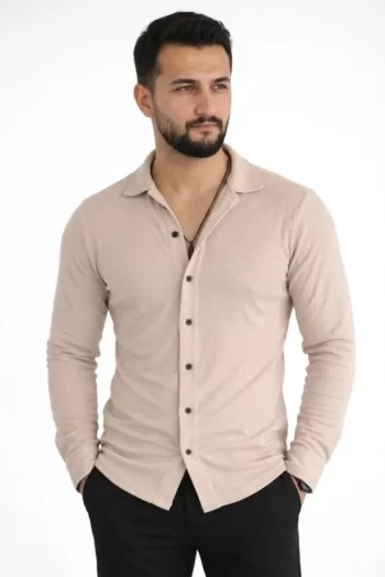 Erkek Waffle Kumaş Uzun Kollu Düğmeli Açık Yaka Regular Fit Gömlek - Bej