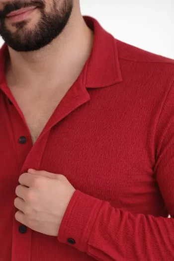 Erkek Waffle Kumaş Uzun Kollu Düğmeli Açık Yaka Regular Fit Gömlek - Kırmızı