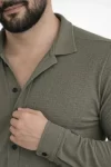 Erkek Waffle Kumaş Uzun Kollu Düğmeli Açık Yaka Regular Fit Gömlek – Haki