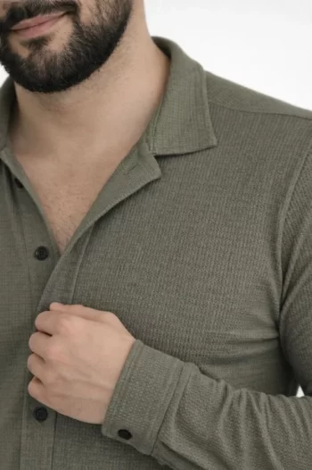 Erkek Waffle Kumaş Uzun Kollu Düğmeli Açık Yaka Regular Fit Gömlek - Haki