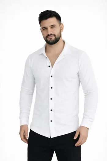 Erkek Waffle Kumaş Uzun Kollu Düğmeli Açık Yaka Regular Fit Gömlek - Beyaz