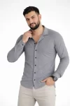 Erkek Waffle Kumaş Uzun Kollu Düğmeli Açık Yaka Regular Fit Gömlek – Füme