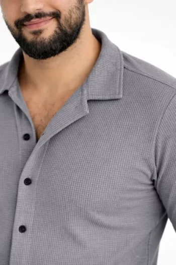 Erkek Waffle Kumaş Uzun Kollu Düğmeli Açık Yaka Regular Fit Gömlek - Füme