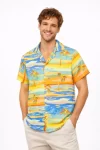 Erkek Tropikal Palmiye Desenli Kısa Kol Gömlek Yazlık Beach Tarz Rahat Kalıp – Desenli