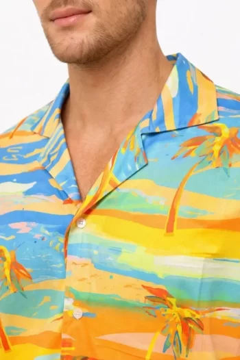Erkek Tropikal Palmiye Desenli Kısa Kol Gömlek Yazlık Beach Tarz Rahat Kalıp - Desenli