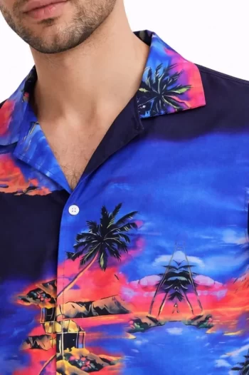 Erkek Tropikal Ada Manzara Desenli Kısa Kol Gömlek Hawaii Tarz Yazlık Rahat Kalıp - Desenli