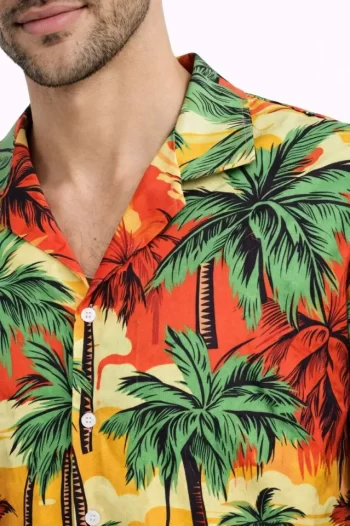 Erkek Hawaii Tarz Tropikal Palmiye Desenli Kısa Kol Gömlek Rahat Kalıp Yazlık - Desenli