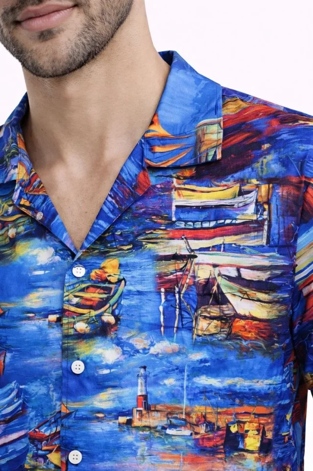 Erkek Marin Desenli Kısa Kol Gömlek Yazlık Rahat Kalıp Dijital Baskılı - Desenli Erkek Marin Desenli Kısa Kol Gömlek Yazlık Rahat Kalıp Dijital Baskılı - Desenli