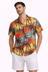 Erkek Tropikal Palmiye Desenli Kısa Kol Gömlek Yazlık Rahat Kalıp Dijital Baskılı – Desenli